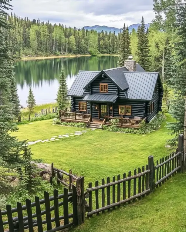 Small Log Cabins: 36 Ideas for Cozy Living & Enduring Charm 26 A dark-colored small log cabin house with a metal roof, situated on a green lawn beside a calm lake and forest.