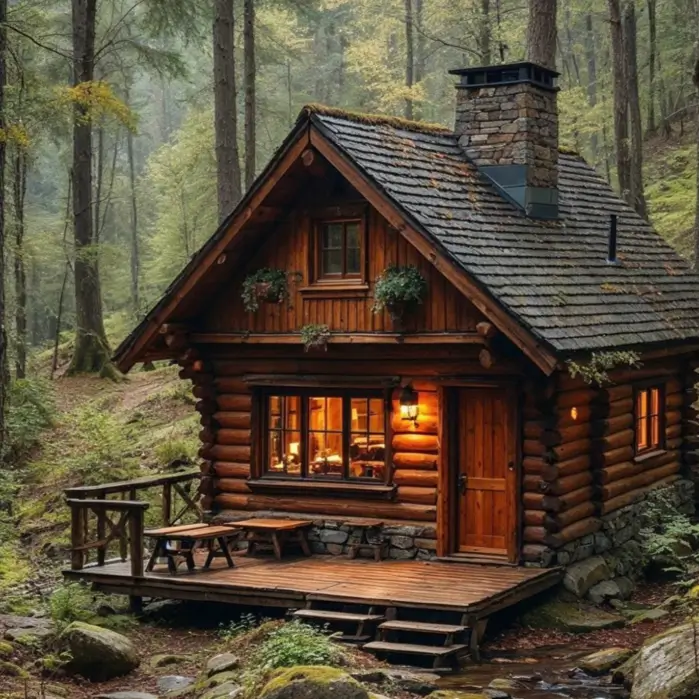 60 Charming Small Log Cabin Ideas to Inspire Your Rustic Retreat 25 A warmly lit small log cabin with a stone chimney and a small deck, nestled in a misty forest next to a creek.
