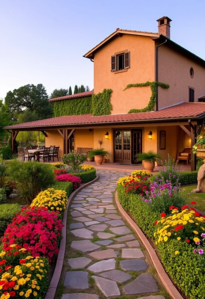 : Elegant Italian countryside villa with traditional Tuscan style, featuring a vibrant, flower-lined stone pathway.