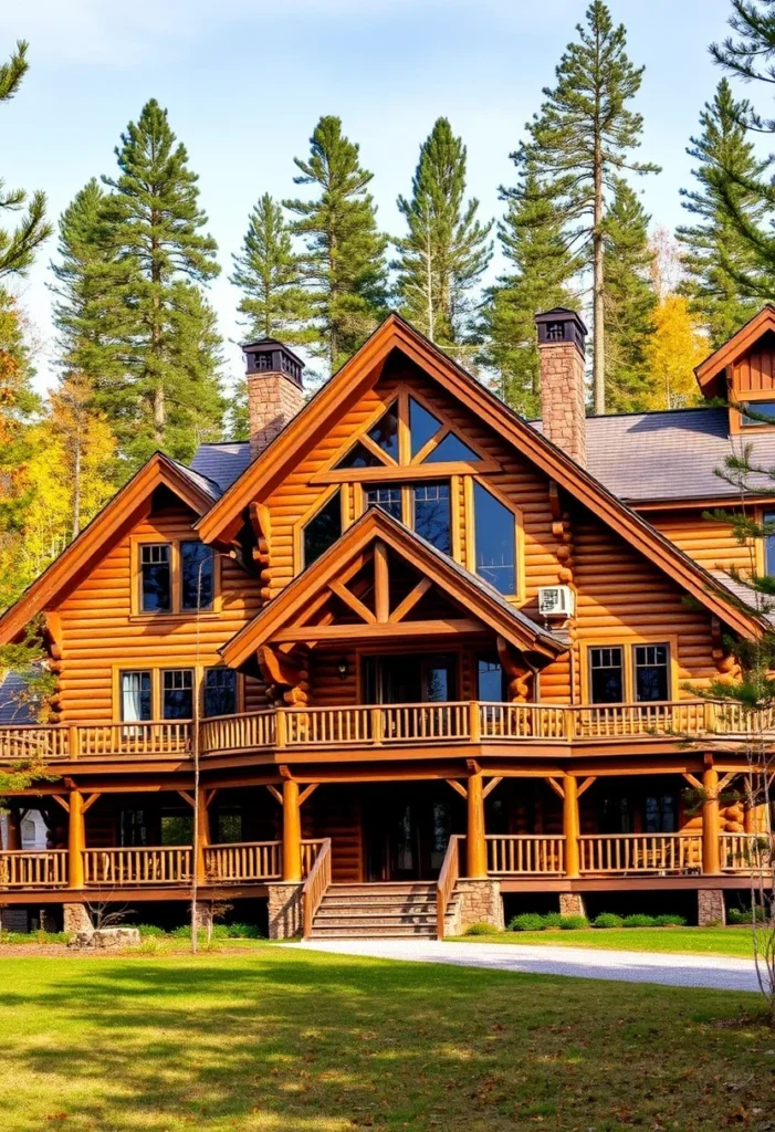 Large log home with wraparound porch.