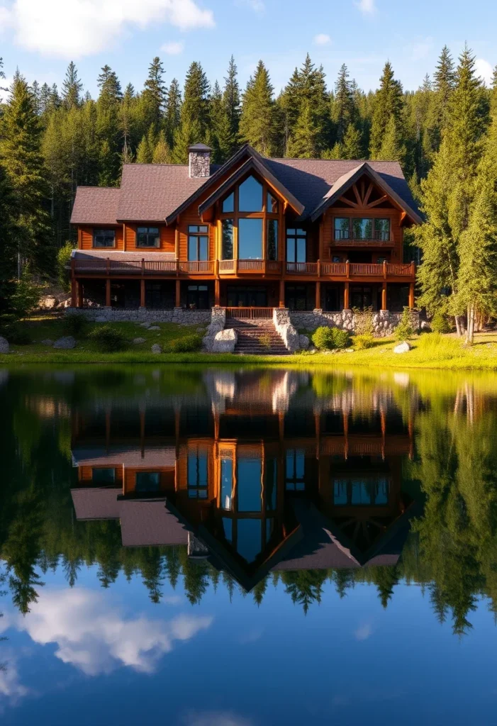  A large wooden mountain home with a stone base reflected perfectly in a still lake surrounded by tall trees.