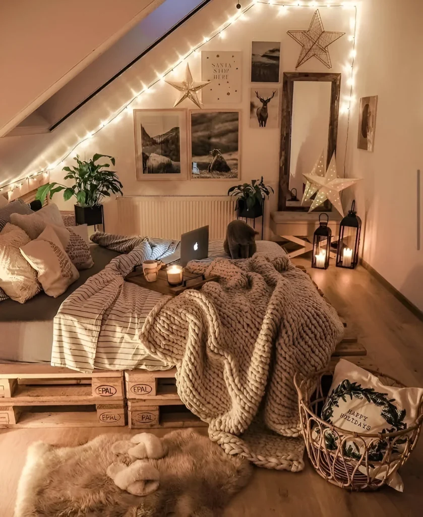 small cozy bedroom - Festive bedroom with string lights and candles.