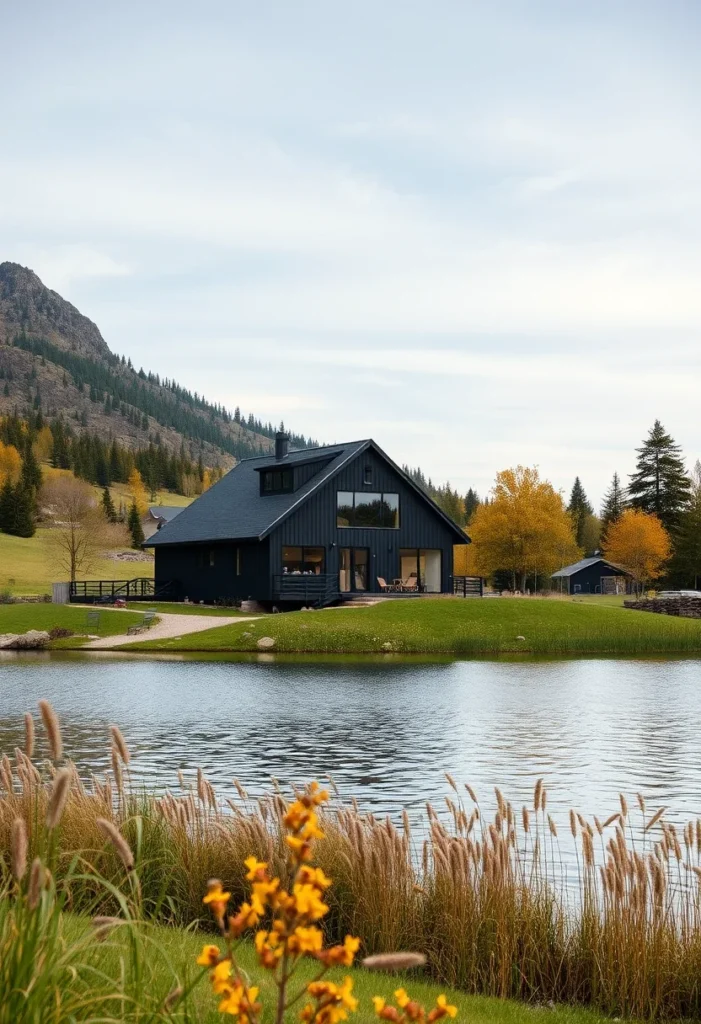 Black modern lakeside house with wraparound porch and autumn scenery.