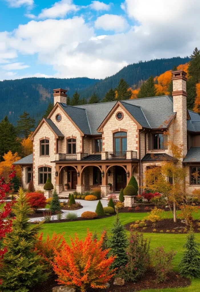 Colorful red and orange shrubs brighten up the front yard of a stone mansion, complementing the natural scenery and enhancing the home’s visual appeal.