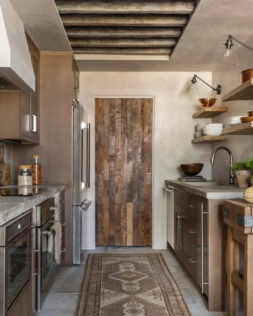 A modern rustic kitchen design with textured plaster walls, reclaimed wood features, and thick open shelving.