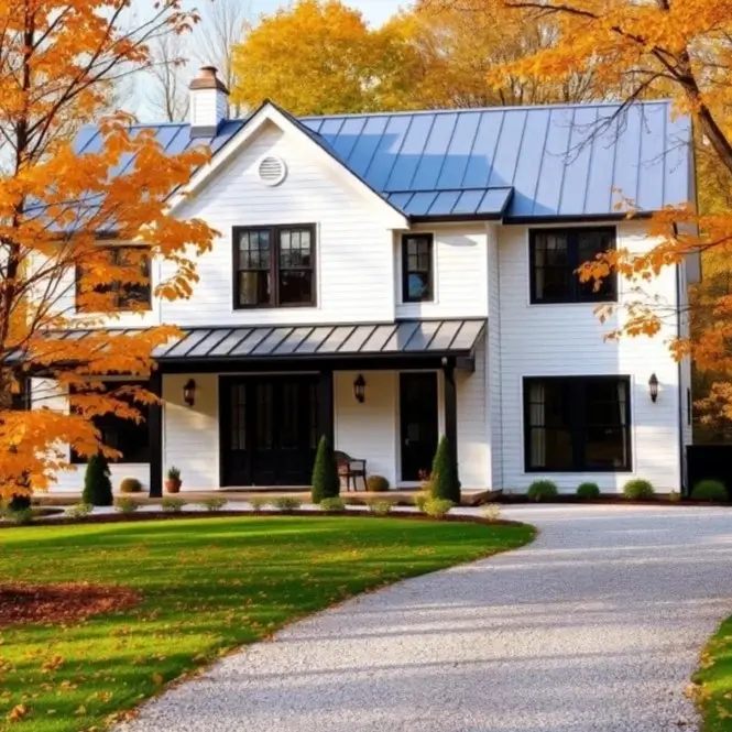A modern white farmhouse with a light gray gravel driveway curving towards it, framed by orange-leaved trees in autumn.