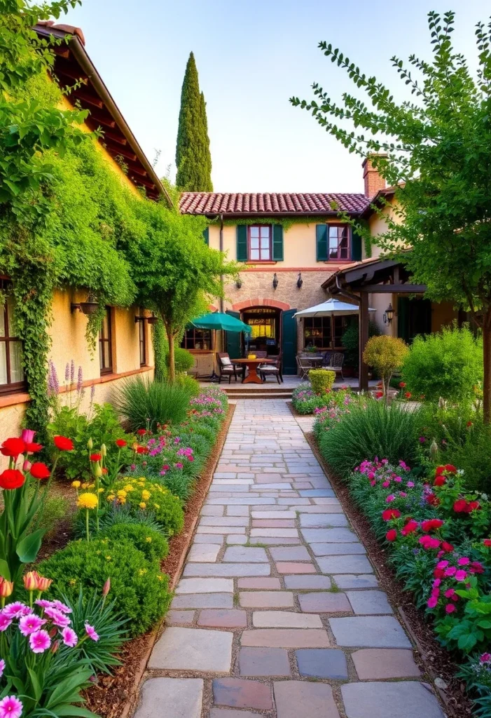 Italian countryside home with traditional Tuscan style, featuring a lush, flower-lined courtyard pathway.