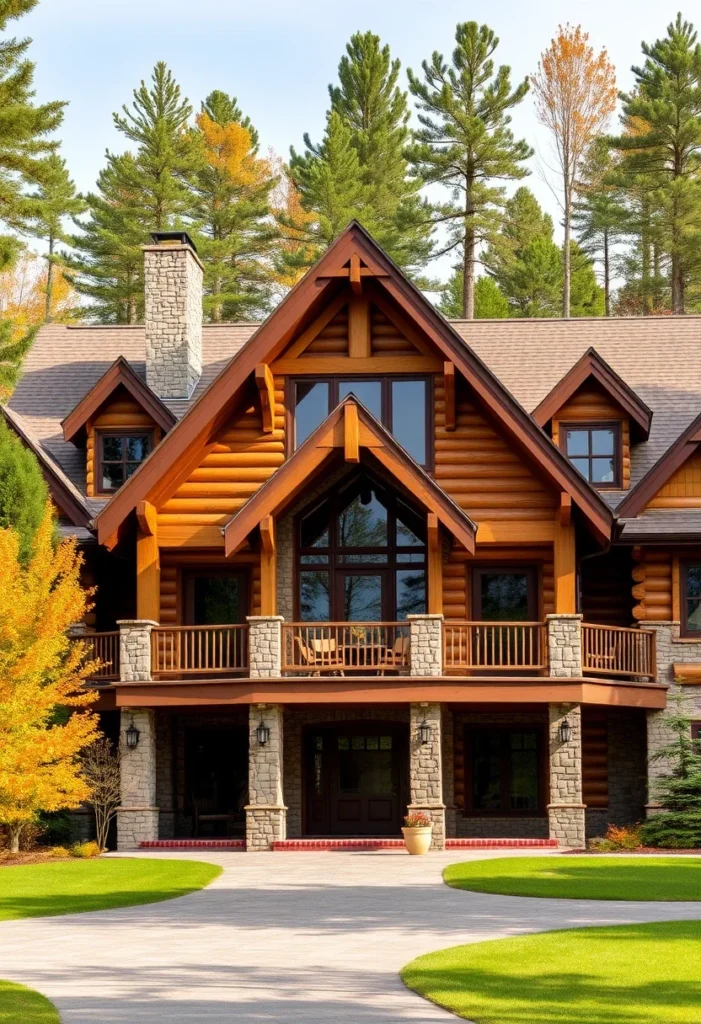 Log home with stone accents and balcony.