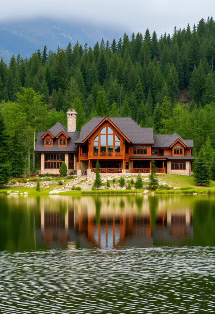 A large wooden mountain home with a stone base reflected in a lake with mountains and trees in the background.