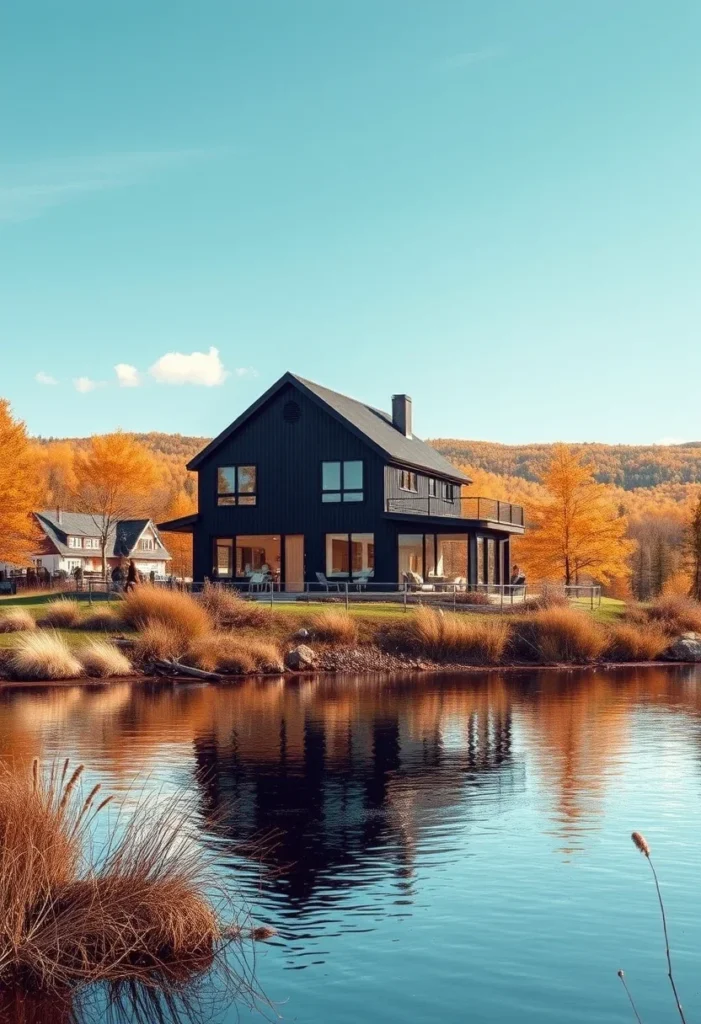 Black countryside house by the lake with mountain views and lush greenery.