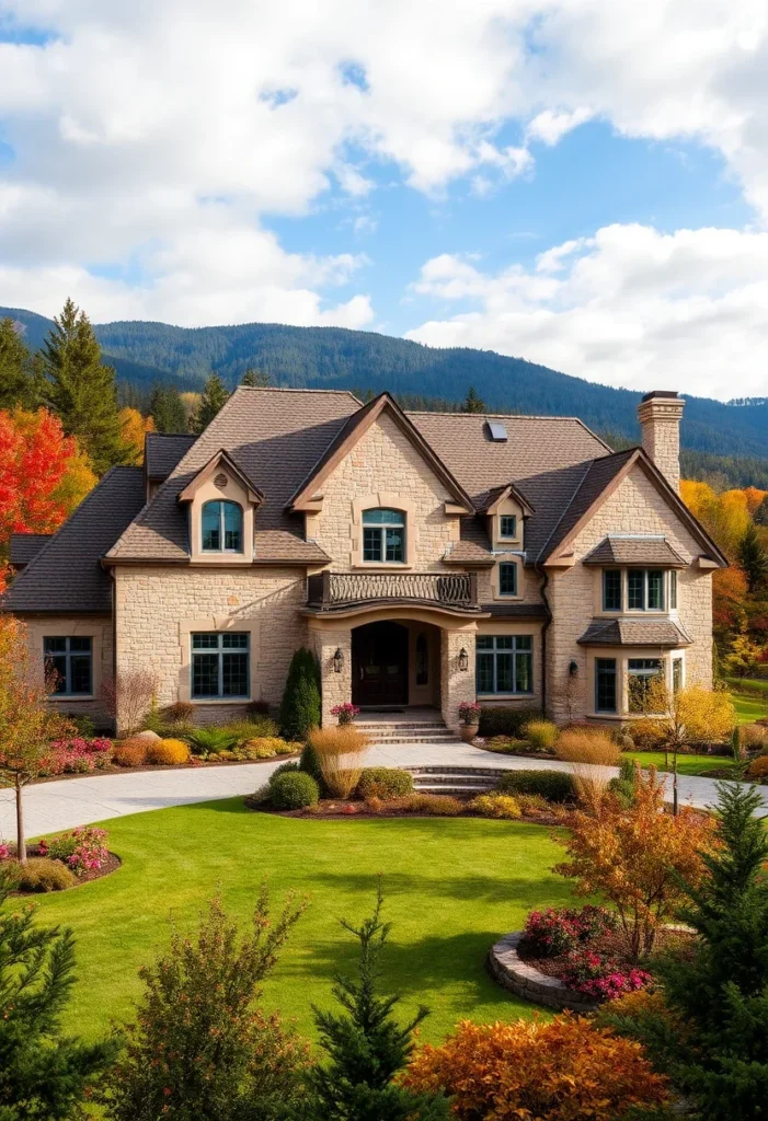 A smooth, well-kept lawn contrasts with textured natural rocks, adding visual depth to the landscape in front of a stone mansion, complemented by vibrant plants and shrubs