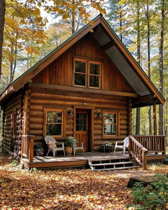 Small Log Cabins: 36 Ideas for Cozy Living & Enduring Charm 28 A classic small log cabin with a porch, nestled in a forest with golden autumn leaves covering the ground.