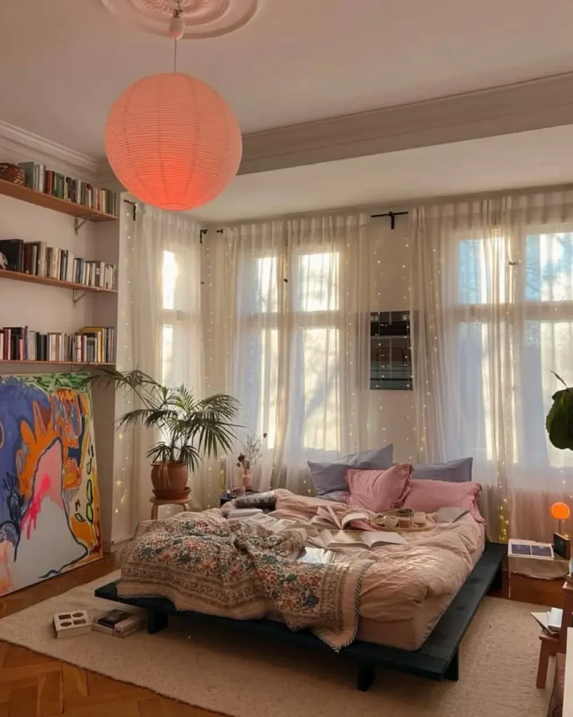 A cozy, sunlit bedroom with a large pink paper lantern, and fairy lights behind sheer curtains.