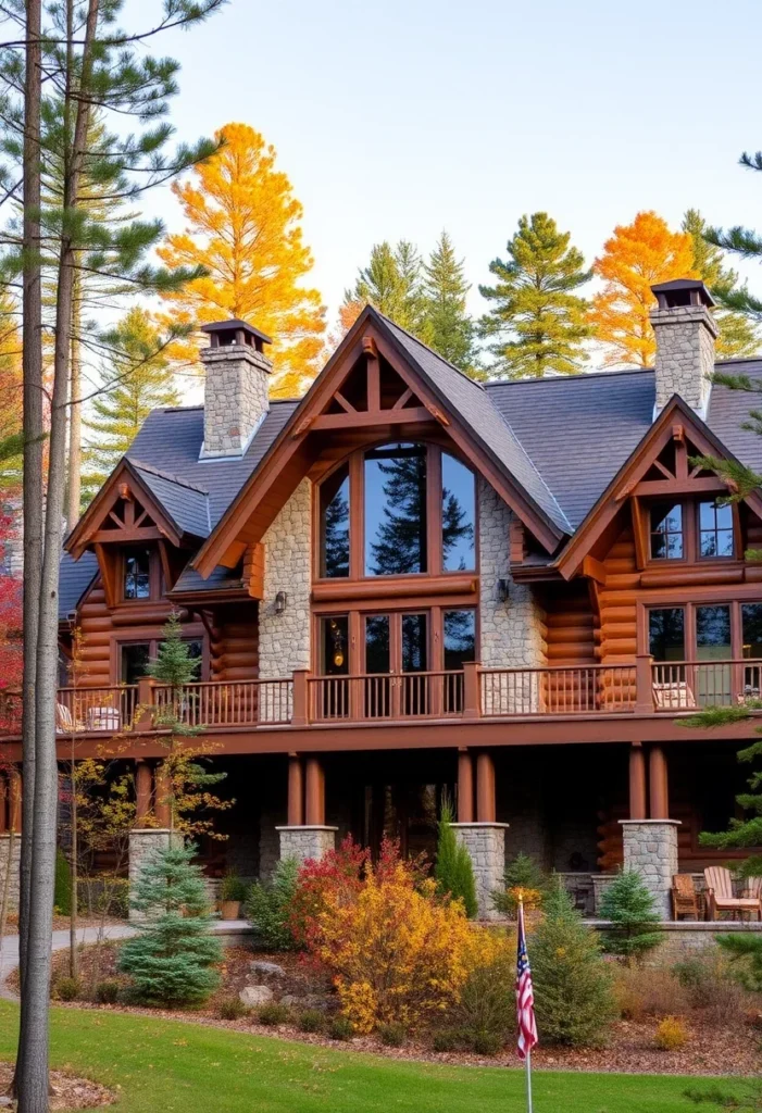 Large log home with autumn foliage.