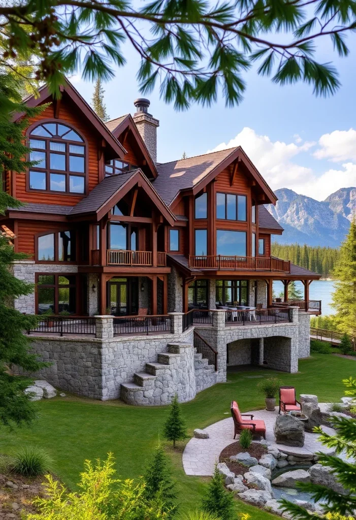 A large wooden mountain home with a stone base, balconies, a patio with seating, and a lake and mountains in the background, framed by tree branches.