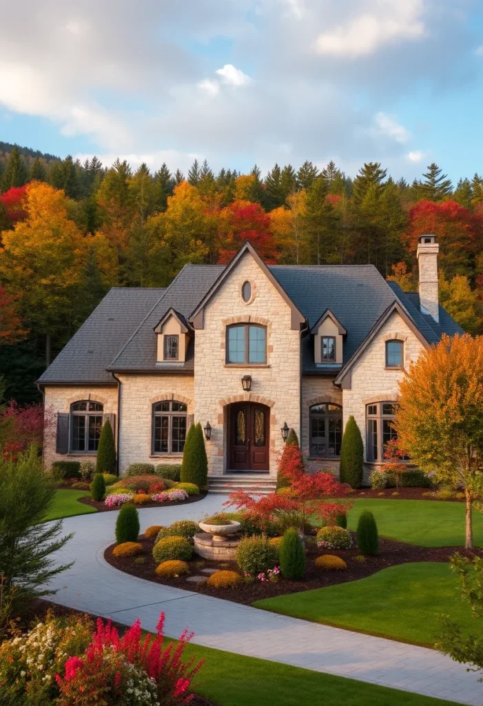 A front yard with a beautiful stone fountain surrounded by colorful flowers and greenery, adding a peaceful focal point to the mansion's landscape.