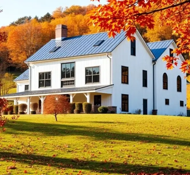 A modern white farmhouse on a grassy hill, framed by vibrant red autumn leaves, with a background of colorful fall foliage.