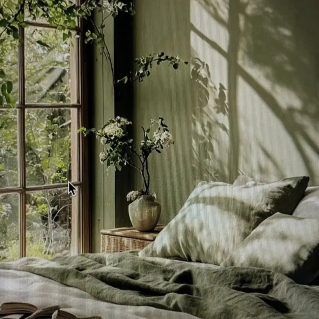 A sunlit bedroom with sage green walls, where shadows from a window create patterns over a bed with matching green linens.