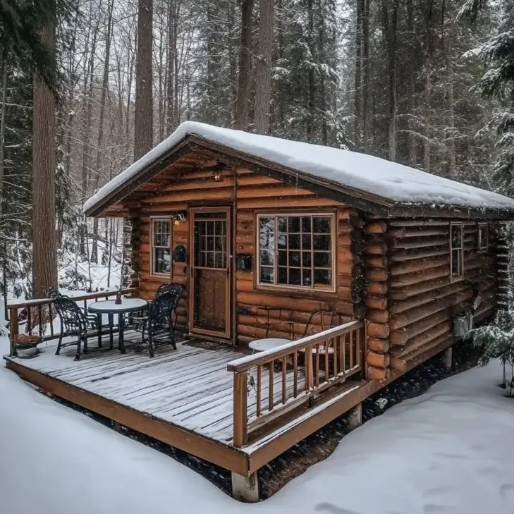 60 Charming Small Log Cabin Ideas to Inspire Your Rustic Retreat 28 A small log cabin in the snow with a wooden deck extending out over a small creek in the forest.