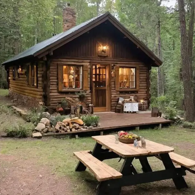 Small Log Cabins: 36 Ideas for Cozy Living & Enduring Charm 29 A small rustic log cabin with glowing windows and a picnic table in a forest clearing at dusk.