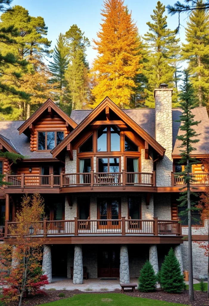 Stone and timber home in forest.