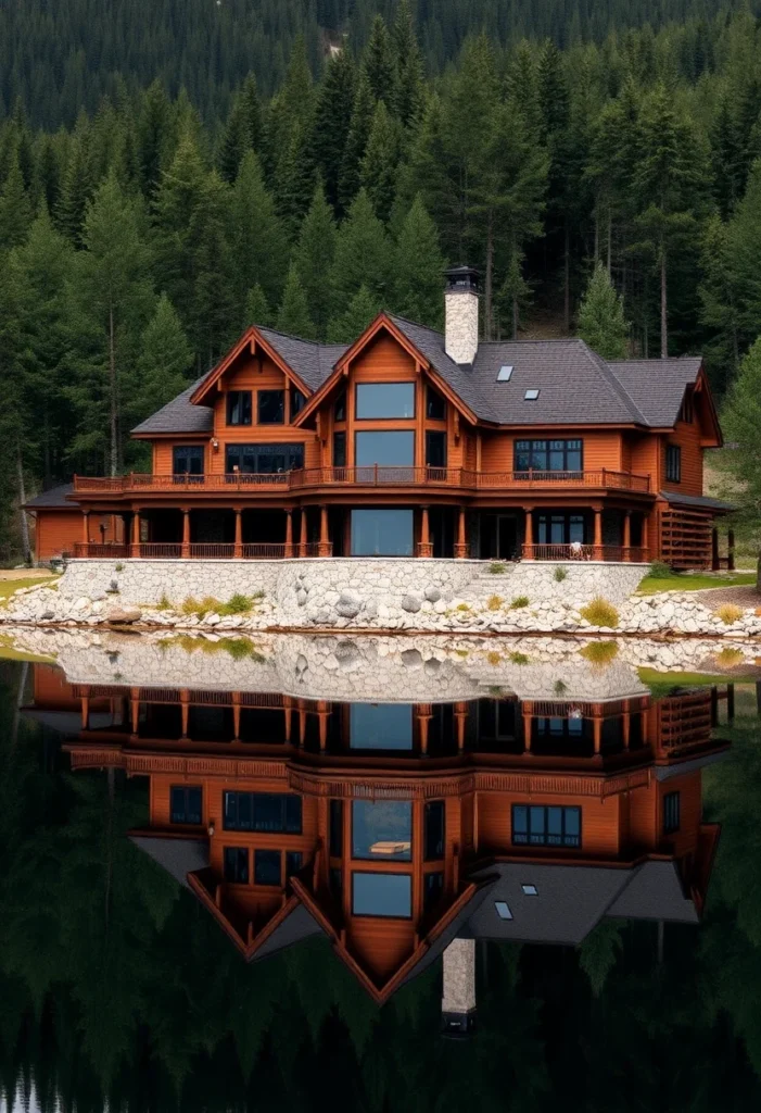 A large wooden mountain home with a stone base reflected perfectly in a still lake surrounded by forest.