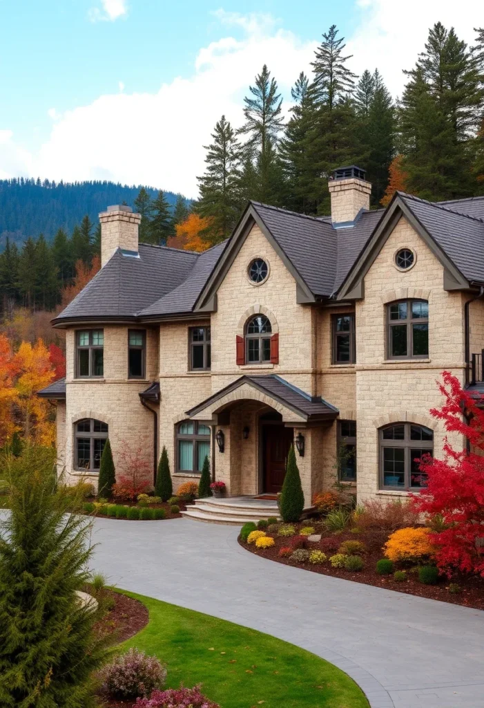 A fall-inspired front yard with colorful trees like red maples and golden birches surrounding the stone mansion, highlighting autumn's natural beauty and warmth.