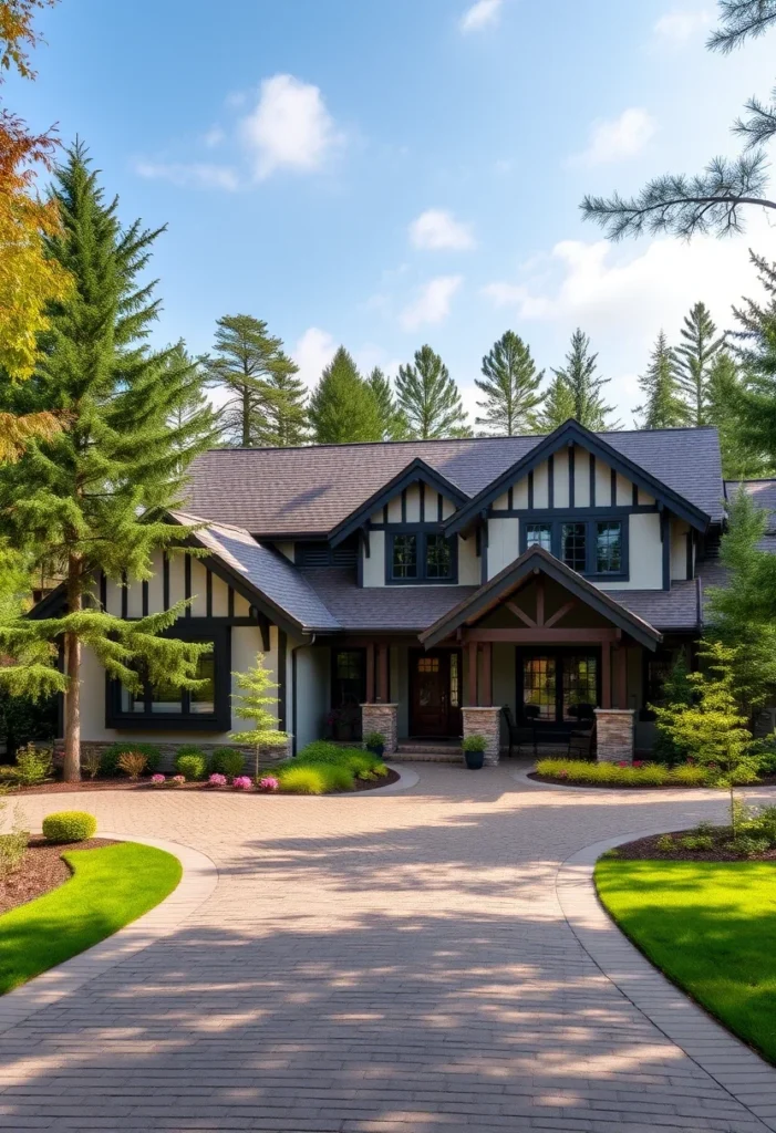 Craftsman house with wide driveway, wood accents