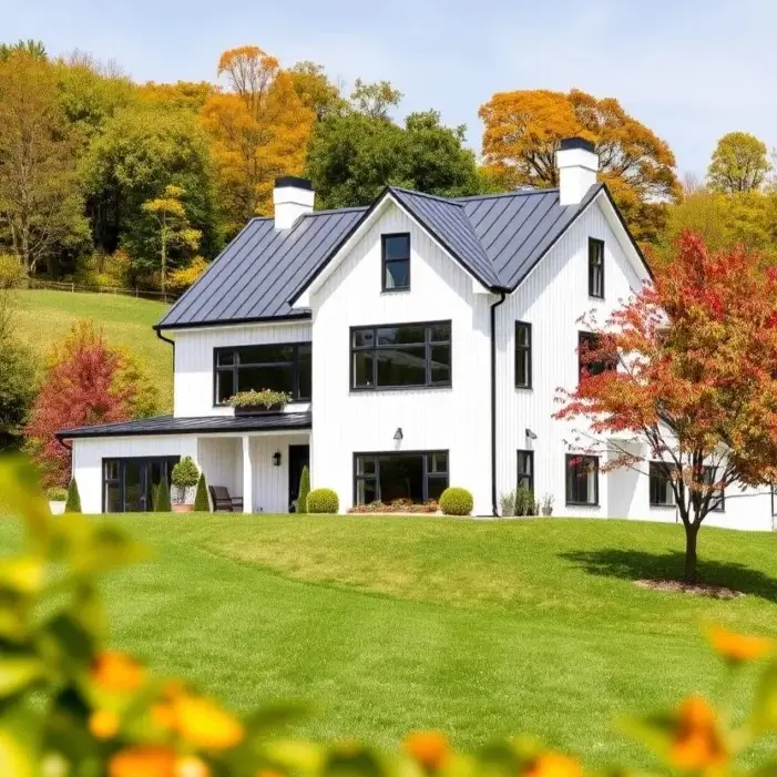The rear view of a modern white farmhouse with vertical siding, set on a green lawn with a backdrop of colorful autumn hills.