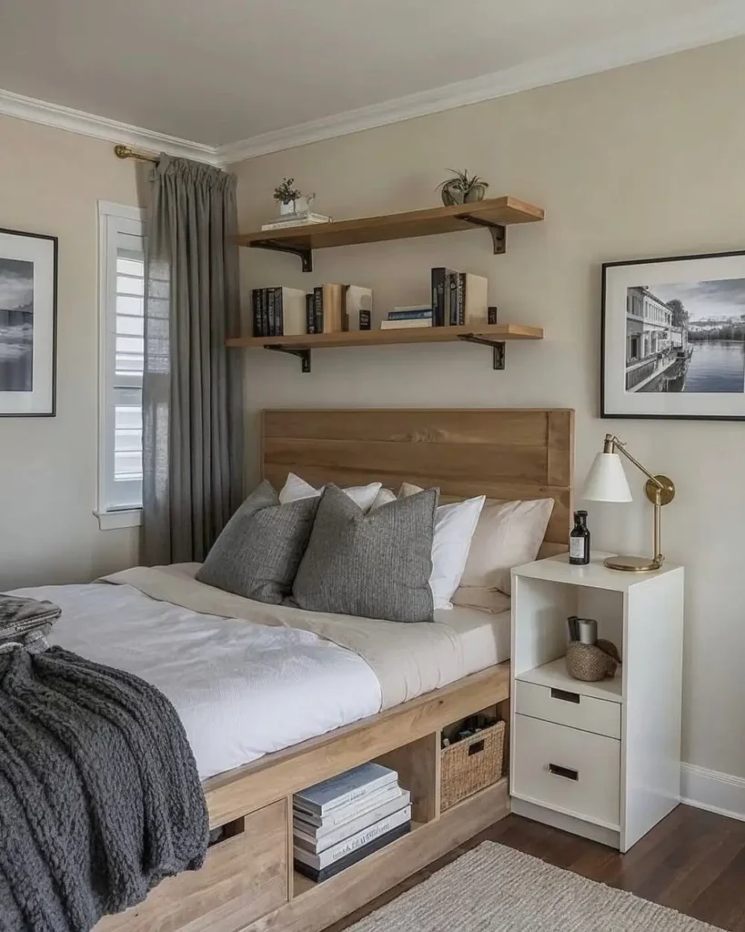 A small cozy bedroom with a wooden storage bed, a white nightstand, and two floating wooden shelves displaying books above the headboard.