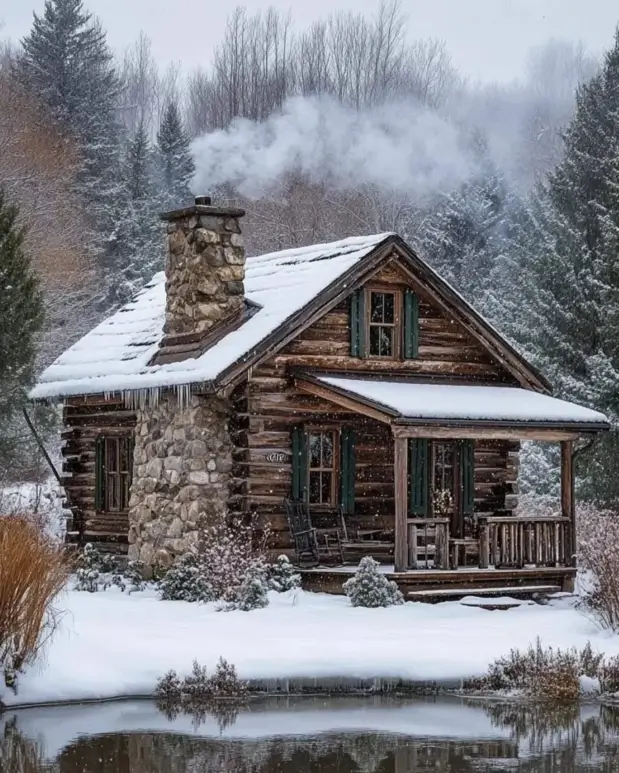 60 Charming Small Log Cabin Ideas to Inspire Your Rustic Retreat 29 A classic small log cabin with a smoking chimney, covered in snow and situated next to a pond in winter.