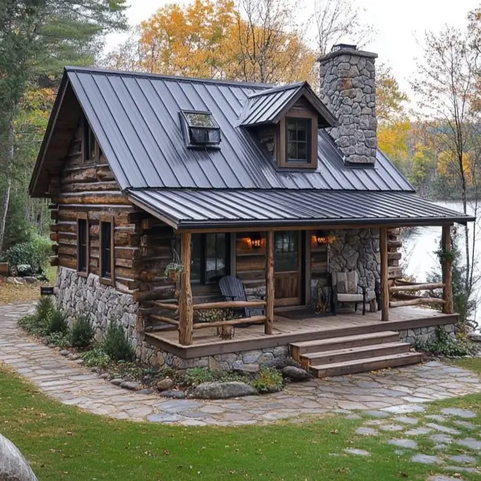 Small Log Cabins: 36 Ideas for Cozy Living & Enduring Charm 30 A small log cabin with a dark metal roof, stone chimney, and a porch overlooking a lake.