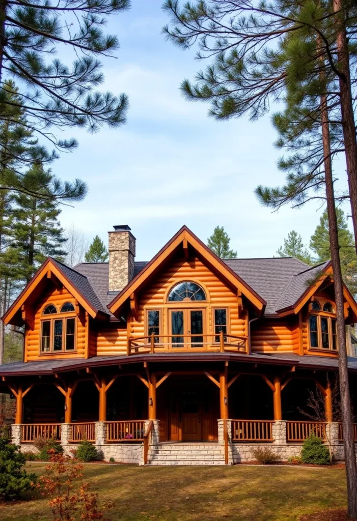 Log home with wraparound porch in forest.