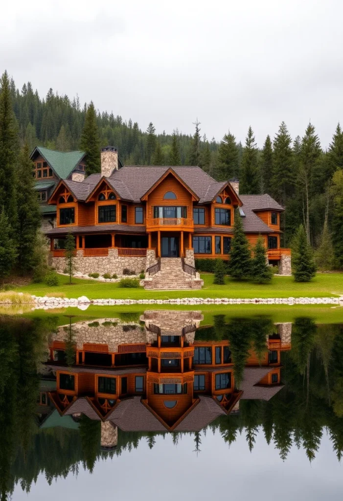 A large wooden mountain home with a stone base and several chimneys, reflected in a still lake surrounded by trees.