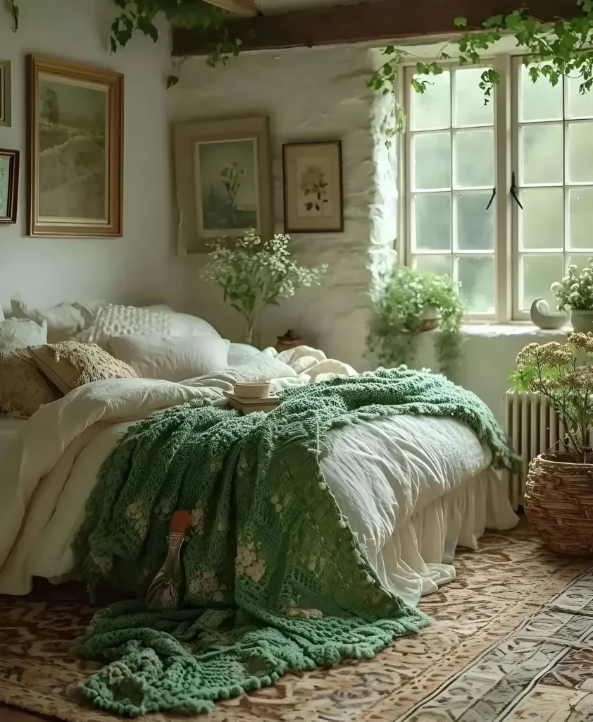 small cozy bedroom Cottage bedroom with greenery and stone wall.