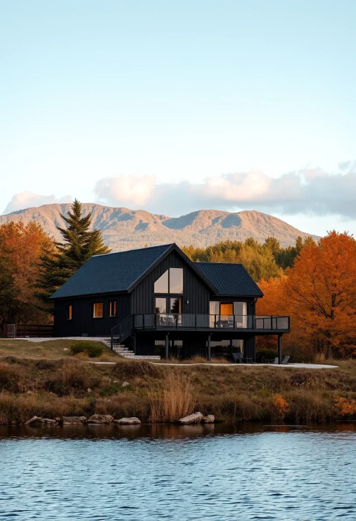 Black lakeside cabin with large windows, dock, and surrounding trees.