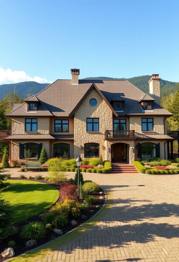 A cozy patio with a bench surrounded by manicured bushes, colorful flowers, and shaded by trees, providing a serene space for relaxation in front of a beautiful stone mansion.