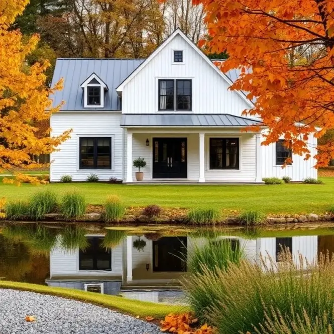 A modern white farmhouse reflected in a pond, with a gravel path in the foreground and vibrant orange autumn trees framing the scene.