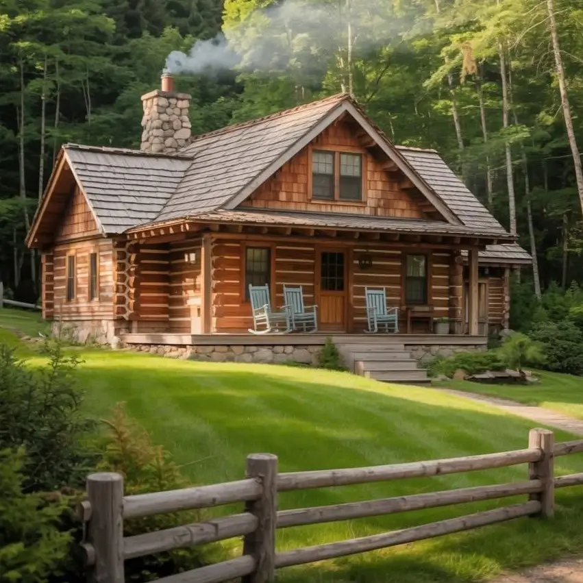 Small Log Cabins: 36 Ideas for Cozy Living & Enduring Charm 31 A pristine small log cabin with a wood shake roof and a perfectly manicured green lawn.