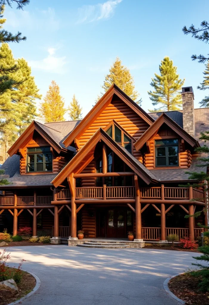 Large log home with circular driveway