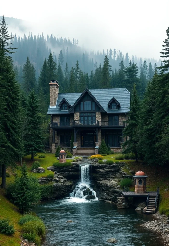 A stone and wood mountain home with a waterfall flowing into a stream, surrounded by a misty forest.