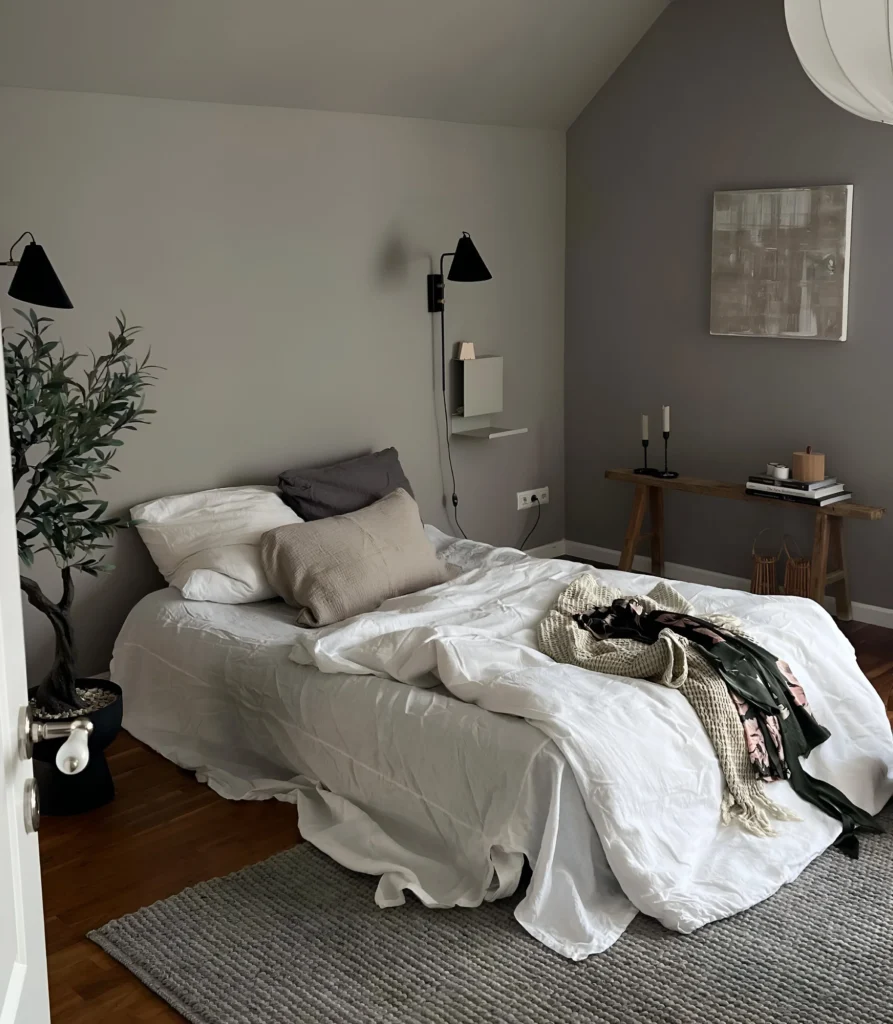  small cozy bedroom Muted and modern gray bedroom.