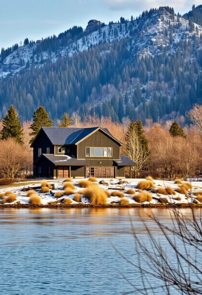 Black cabin with a balcony, overlooking a lake and surrounded by autumn foliage and mountain views.