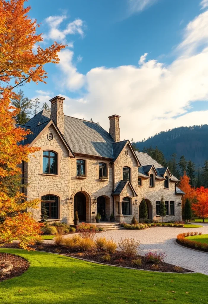 A beautiful autumn scene featuring the stone mansion surrounded by vibrant red, orange, and yellow foliage, contrasting with the green manicured lawns and creating a cozy and inviting ambiance.