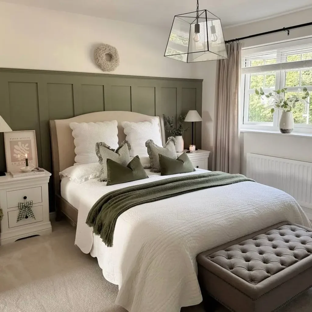 A sophisticated bedroom with an olive green panel accent wall, with matching green pillows and throw on a white quilted bed.