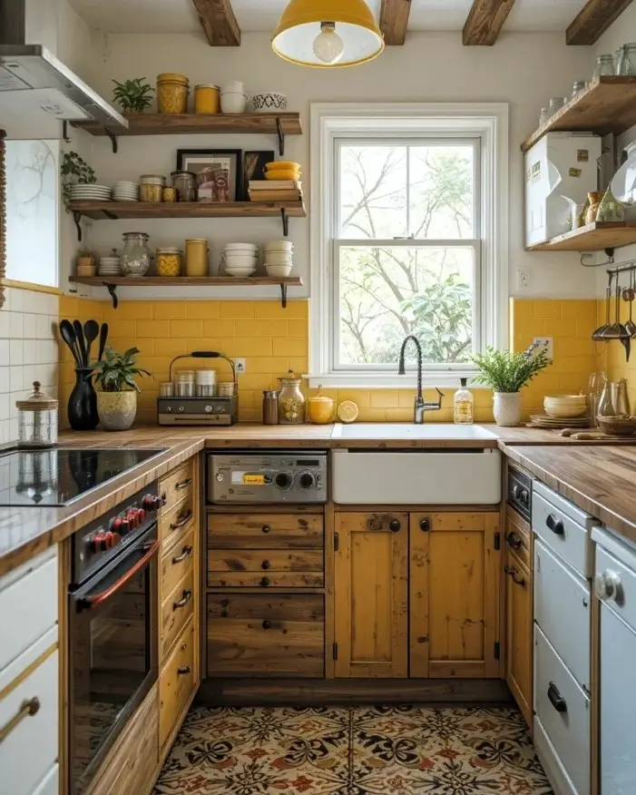 An eclectic rustic kitchen with yellow subway tiles, intricately patterned floor tiles, and open wood shelving.