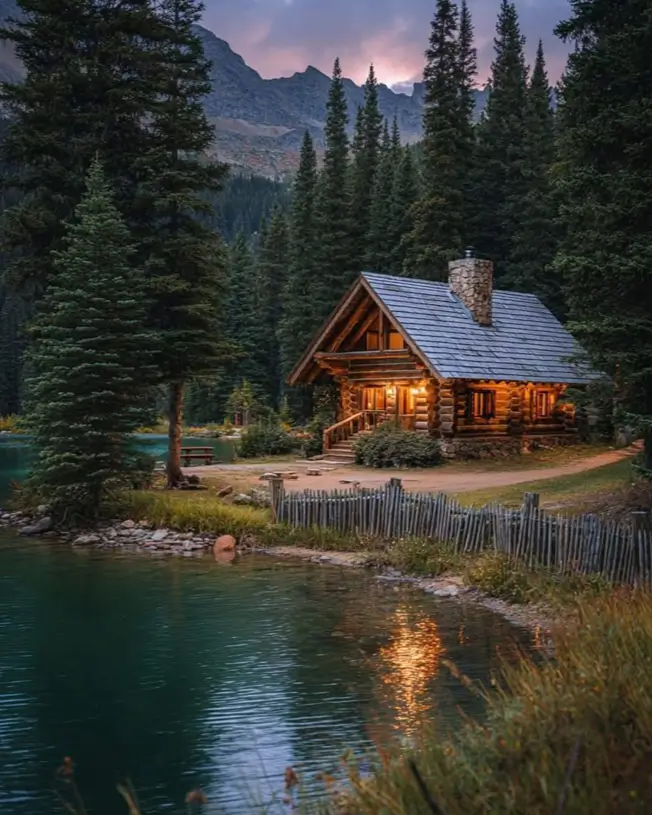 Small Log Cabins: 36 Ideas for Cozy Living & Enduring Charm 32 A small log cabin with glowing lights on the shore of a mountain lake at dusk.