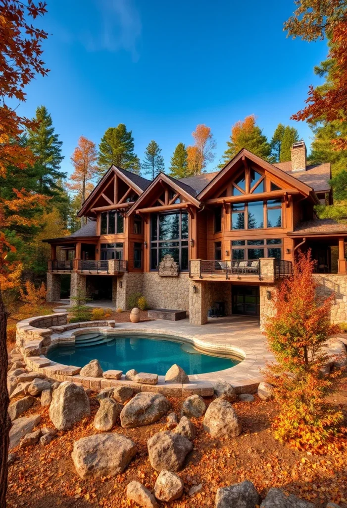 Rear exterior view of a luxury mountain home with a large pool, stone patio, and forested backdrop.