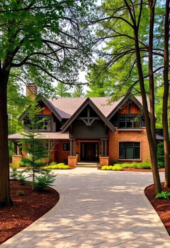 Red brick Craftsman home nestled in woods