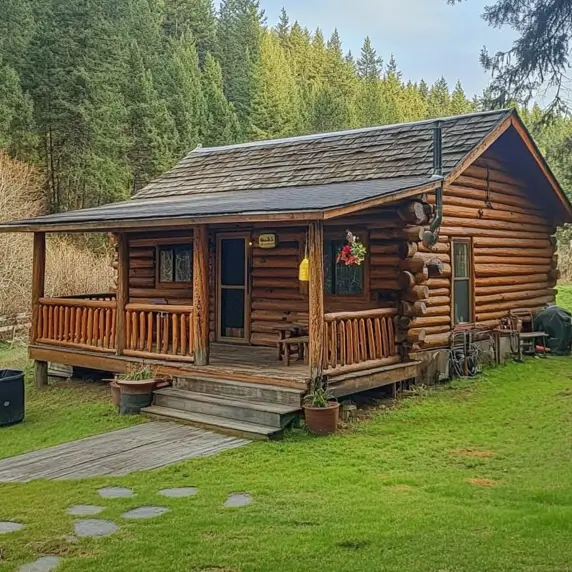 Small Log Cabins: 36 Ideas for Cozy Living & Enduring Charm 6 A classic small log cabin with a full-length covered porch and wooden railings set in a grassy clearing.